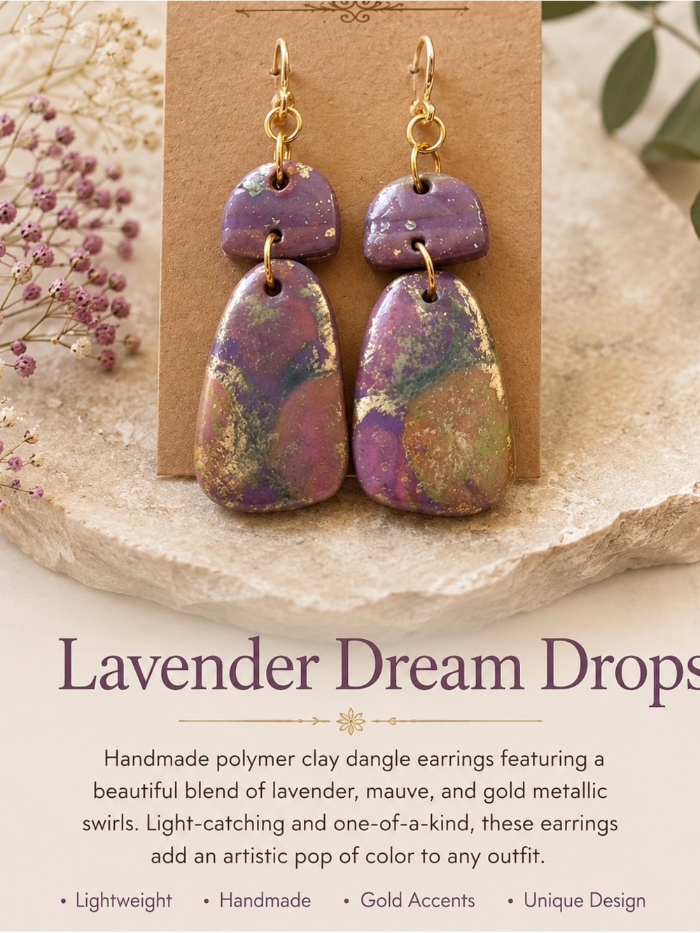Lavender Swirl Dangle Earrings with Gold Accents